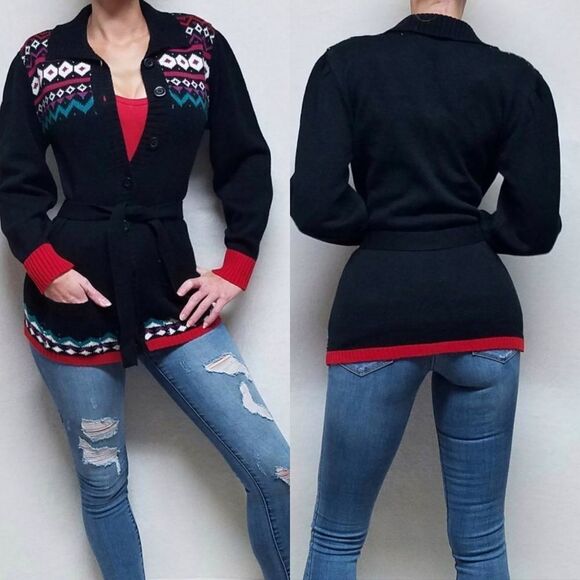 VINTAGE 1960s Ann Chabrol Fair Isle Belted Knit Colorblock Sweater Cardigan Med